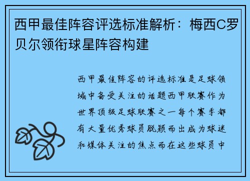 西甲最佳阵容评选标准解析:梅西C罗贝尔领衔球星阵容构建 西甲最佳阵容评选标准解析:梅西C罗贝尔领衔球星阵容构建