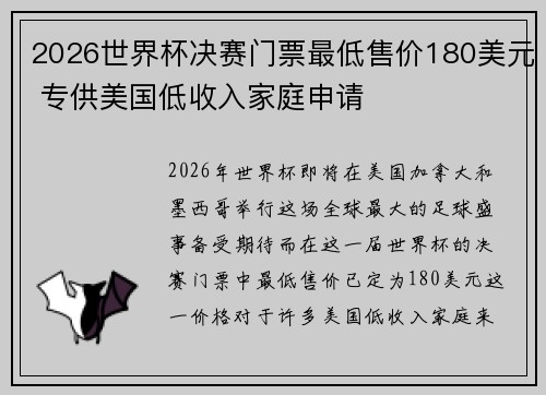 2026世界杯决赛门票最低售价180美元 专供美国低收入家庭申请